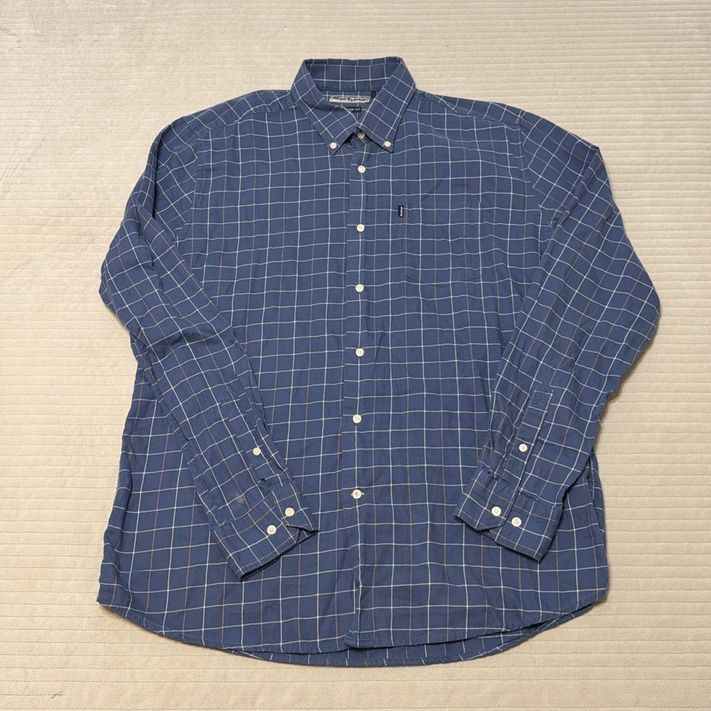 Barbour Classic Tartan Shirt Mens Large Blue Plaid Tailored Fit Button Down